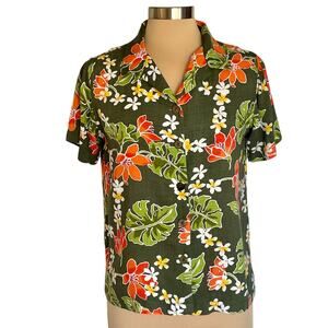 Basic Editions Tropical Button Up Shirt Womens Size M Short Sleeve Resort Summer